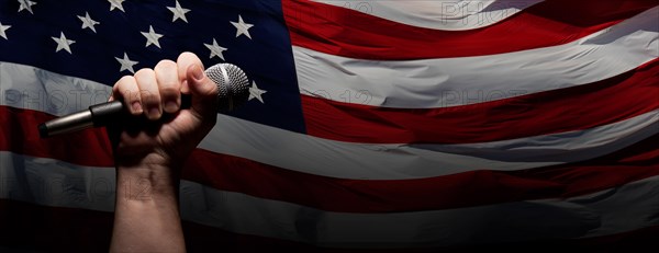 Male fist gripping microphone over waving american flag background banner