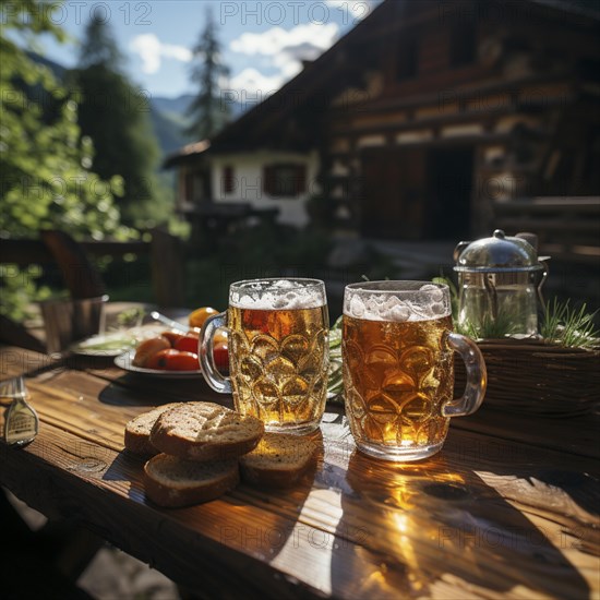 Beer and snacks in an alpine hut in the mountains