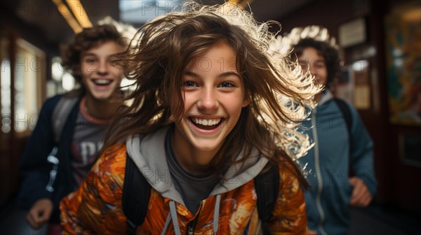 Happy and excited teenaged students walking down the hallway of their school