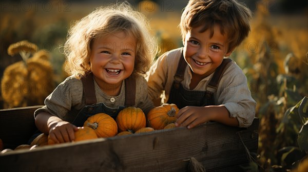 Happy young boys sitting amidst the pumpkins at the pumpkin patch farm on a fall day