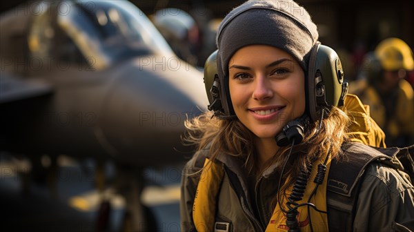 Female fighter pilot soldier standing outside her fighter jet