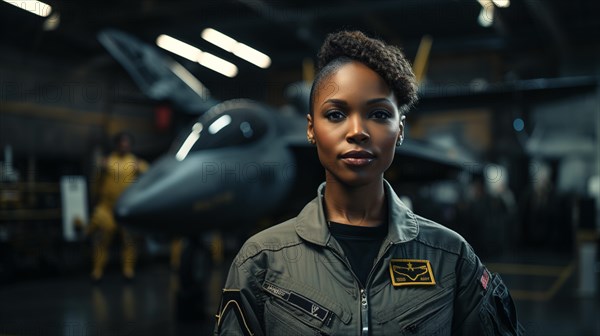 Female african american fighter pilot soldier stands outside her fighter jet