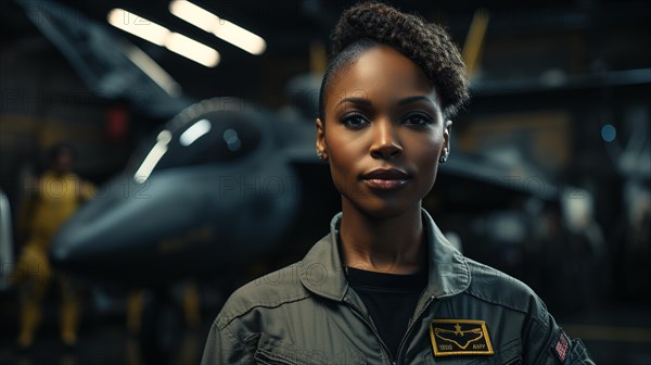 Female african american fighter pilot soldier stands outside her fighter jet