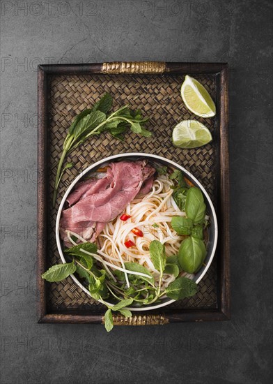 Flat lay tray with vientamese food