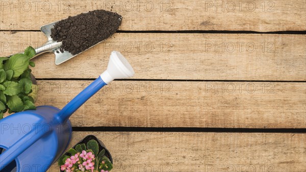 High angle view watering can flower potted plants hand shovel with soil wooden background