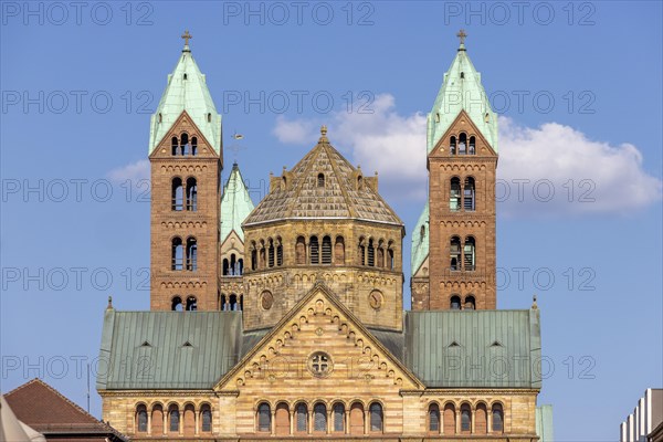 Upper part with roof and towers The Kaiserdom zu Speyer also called Speyerer Dom or Domkirche St Maria und St Stephan