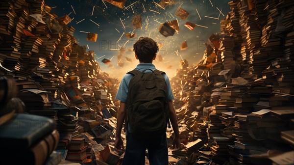 And young boy student sitting stunned and overwhelmed amidst a never ending pile of books and papers surrounding him