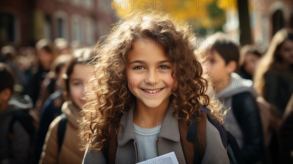 Smiling young girl walking to school with other students on a fall day