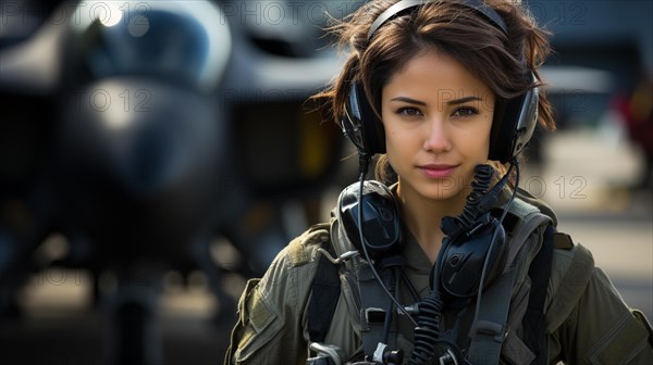 Mixed-race female fighter pilot soldier standing outside her military fighter jet