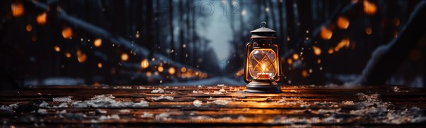 Warm and inviting lit vintage lantern resting on wood planks base outdoors in a winter setting. generative AI