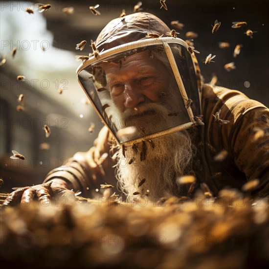 Beekeeper works with honey bees