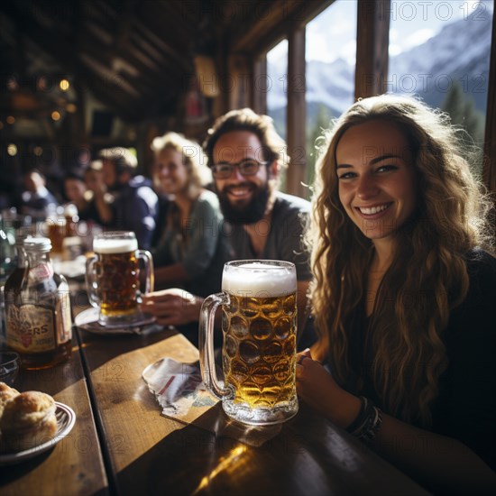 Beer and snacks in an alpine hut in the mountains