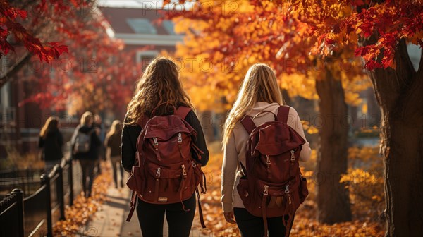 Young children wearing backpacks walking to school on a beautiful fall morning
