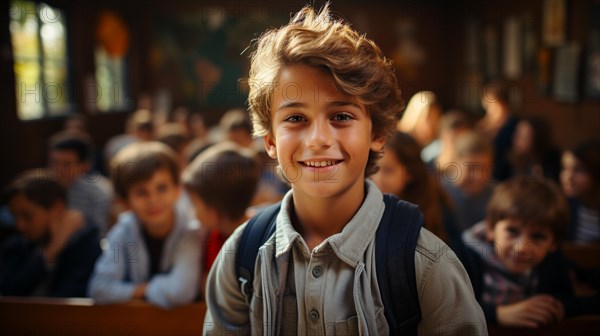 Young handsome smiling caucasian boy student in school classroom