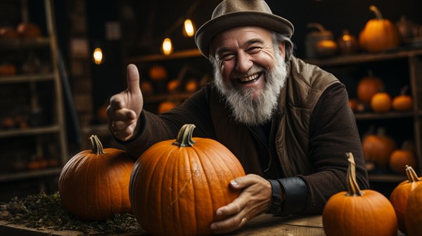 Pumpkin farmer amidst his pumpkin harvest on a fall day