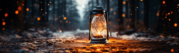 Warm and inviting lit vintage lantern resting on wood planks base outdoors in a winter setting. generative AI