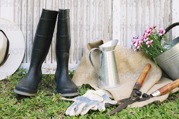 Arrangement gardening gumboots supplies