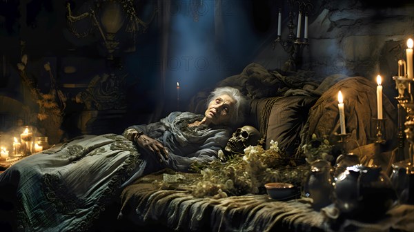 An elderly woman lying on a divan