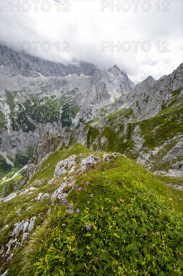 View of cloud-covered rocky mountain landscape with Riffelwand peaks and Riffelkoepfe