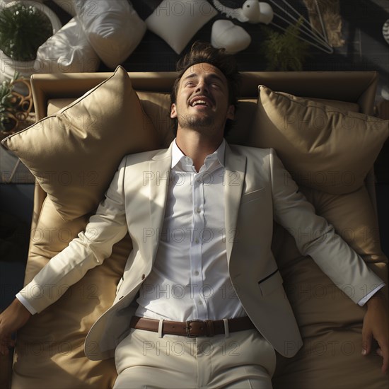 A businessman lies contentedly with his arms outstretched on a bed