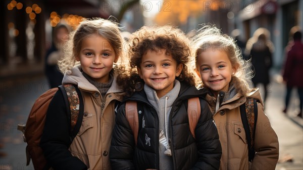 Happy and excited young children students walking on the campus of their school