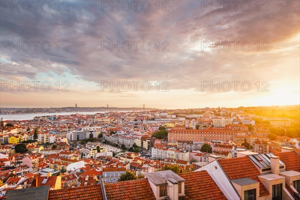 View of Lisbon famous view from Miradouro da Senhora do Monte tourist viewpoint of Alfama and Mauraria old city district