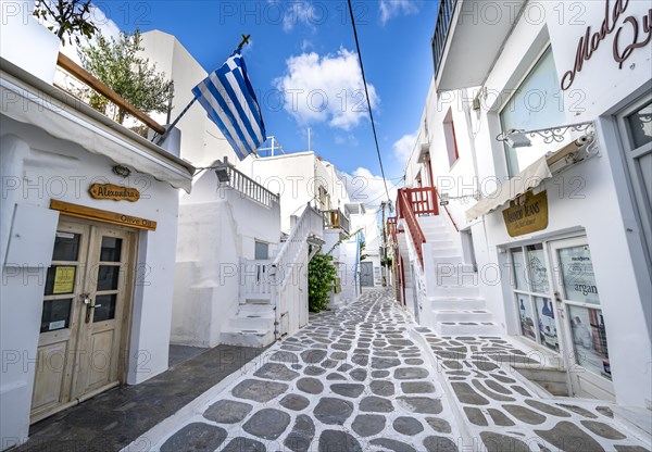 Cycladic white houses with colourful doors and shutters