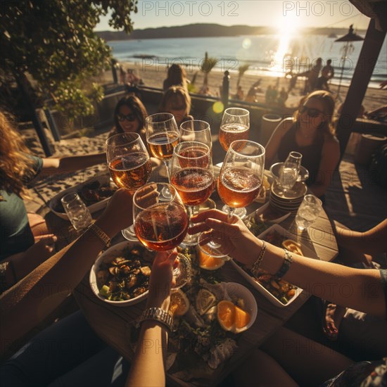 Young cheerful people toast each other with glasses raised