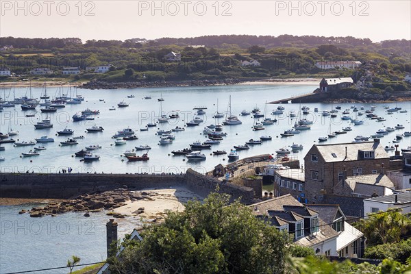 View from above of boats in Hugh Town harbour