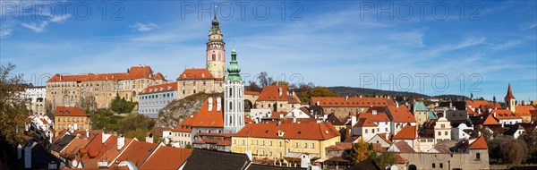 View of the historic old town of Krumlov with Schwarzenberg Castle and St Jodokus Church