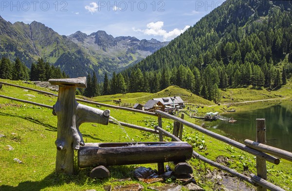 Wooden well on the mountain pasture with Duisitzkarsee