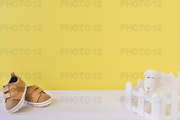 Newborn concept with shoes funny sheep