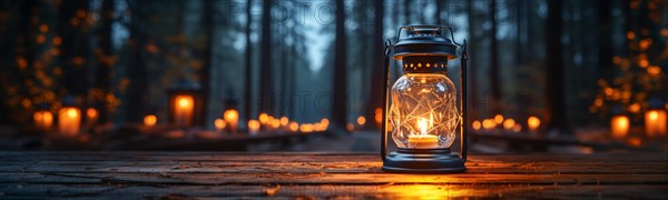 Warm and inviting lit vintage lantern resting on wood planks base outdoors in a winter setting. generative AI