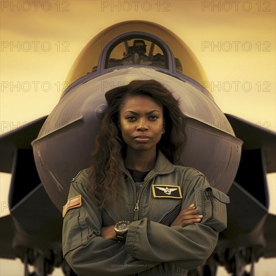 Proud young pilot stands in front of her F 35 fighter plane