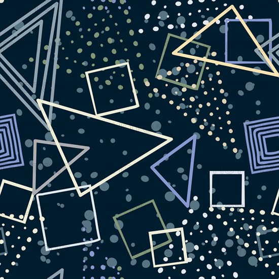 Squares and triangles hand drawn vector seamless pattern in blues tones