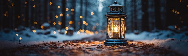 Warm and inviting lit vintage lantern resting on wood planks base outdoors in a winter setting. generative AI