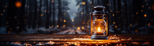 Warm and inviting lit vintage lantern resting on wood planks base outdoors in a winter setting. generative AI