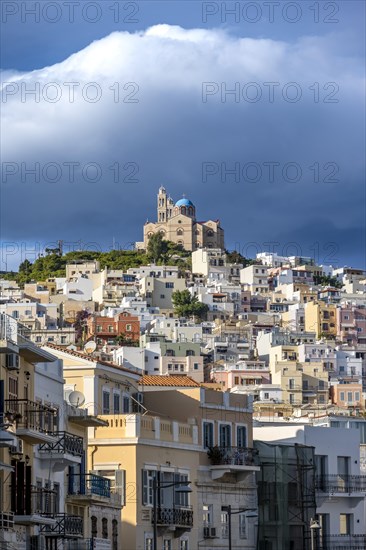 View of the town of Ermoupoli with pastel-coloured houses