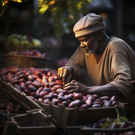 A farmer harvests fresh chocolate in a plantation