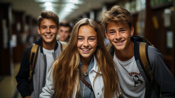 Happy and excited teenaged students walking down the hallway of their school