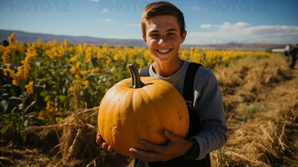 Smiling young man on the farm holding a large ripe pumpkin