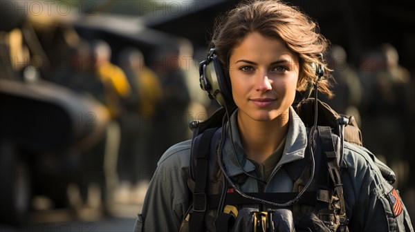 Female fighter pilot soldier standing outside her fighter jet