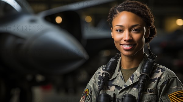 Female african american fighter pilot soldier stands outside her fighter jet