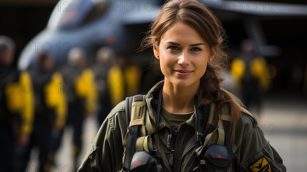 Mixed-race female fighter pilot soldier standing outside her military fighter jet