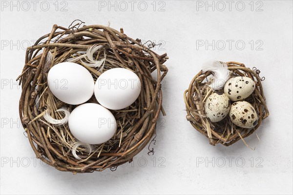 Top view easter eggs bird nests feathers