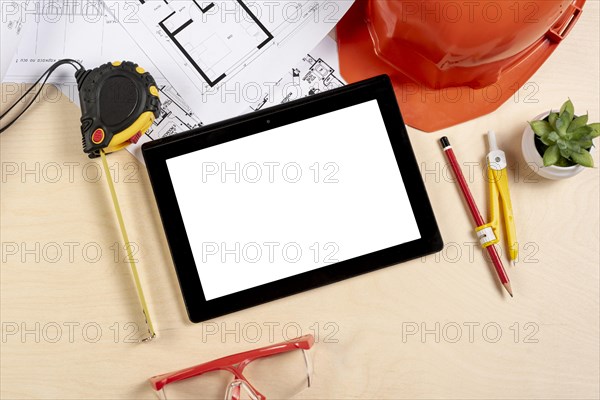 Top view tablet desk mock up