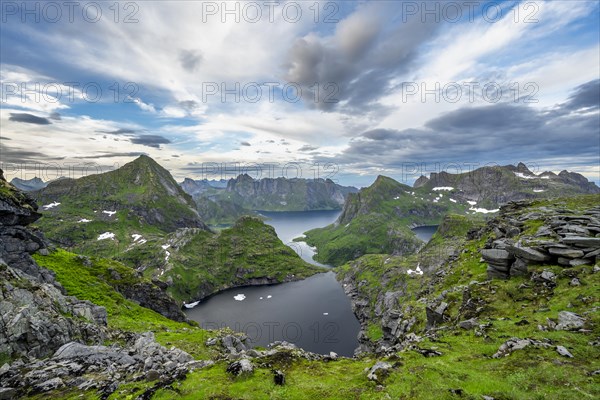 View over mountain landscape and lake Litlforsvatnet with fjord Forsfjorden