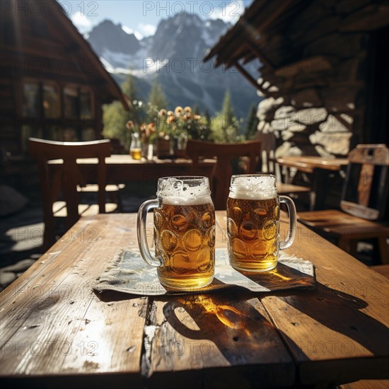 Beer and snacks in an alpine hut in the mountains