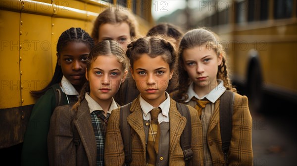 Retro style nastalgic young girls standing near the school bus