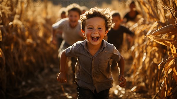 Happy laughing children running amist the corn fields on a fall day